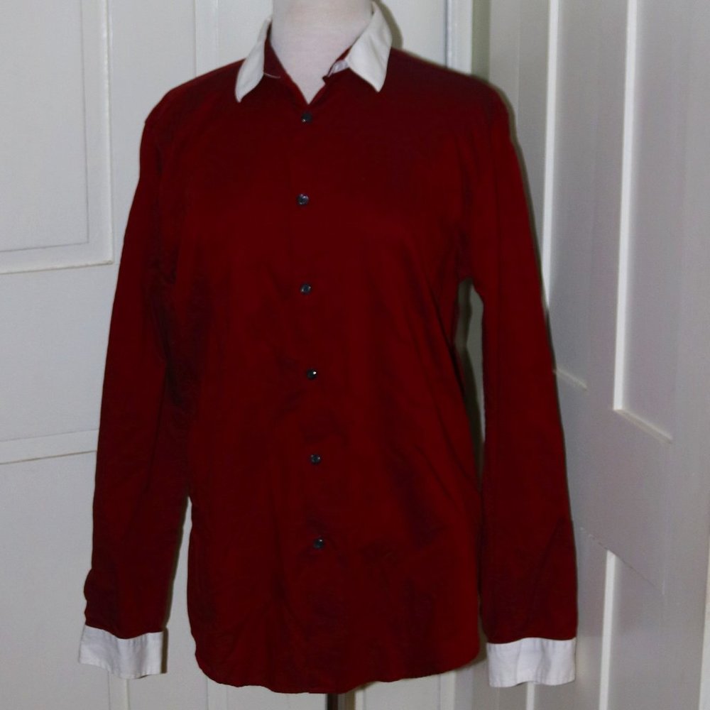 INC International Concepts Burgundy Button-Down Shirt with White Collar & Cuffs